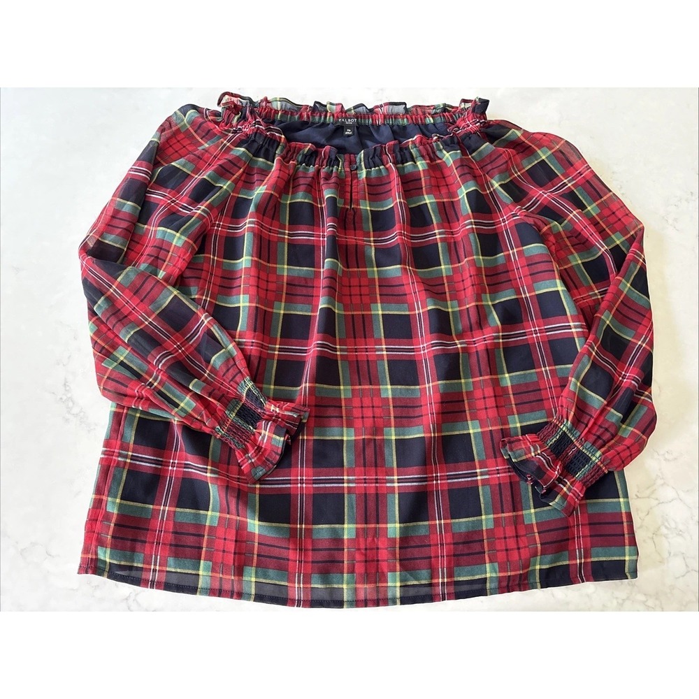 Talbots MP M Petite Tartan Plaid Blouse Top Off Shoulder Ruffle Xmas Peasant